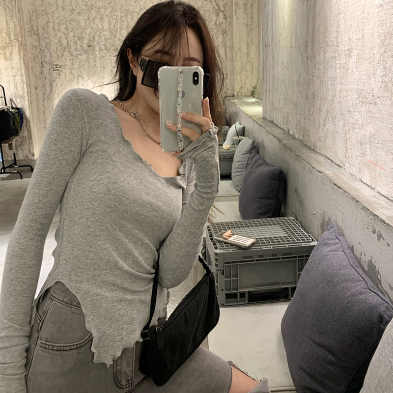 秋冬修身显瘦打底衫女大低领内搭长袖木耳边设计感不规则T恤上衣