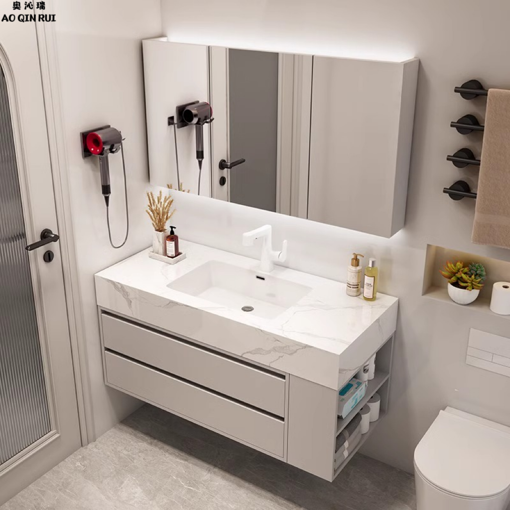 奥沁瑞岩板无缝拼接陶瓷盆浴室柜组合洗漱台洗手台洗脸马桶侧边格