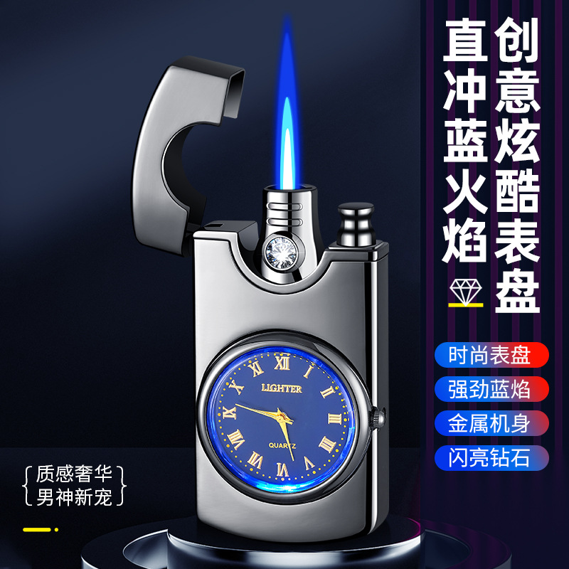 创意打火机手表充气精致蓝灯表盘镶钻时尚金属直冲火机礼物送男友