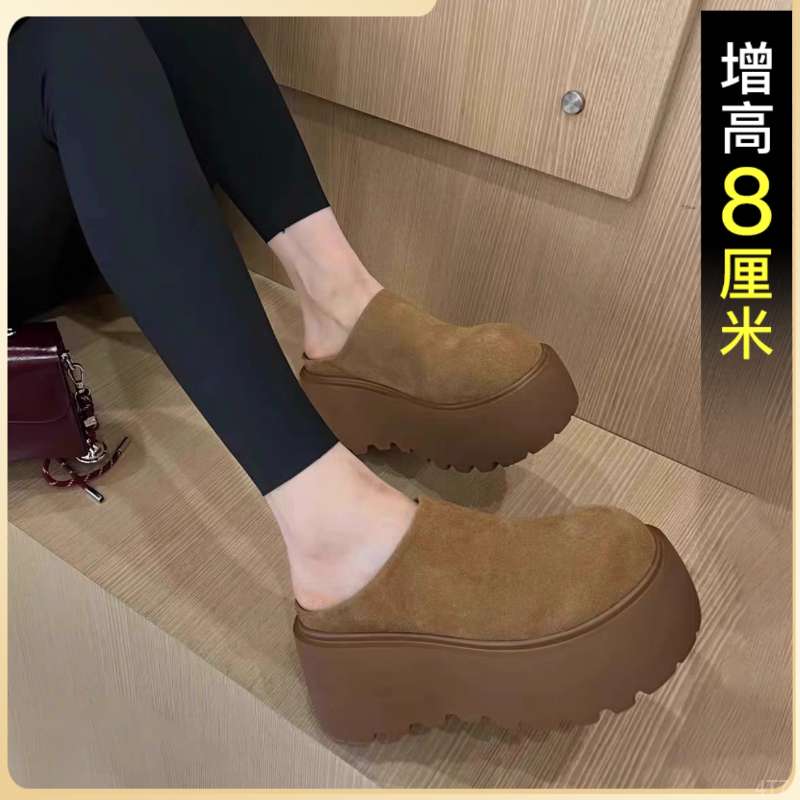 厚底勃肯包头半拖鞋女外穿大头面包一脚蹬小个子松糕超高跟毛拖鞋