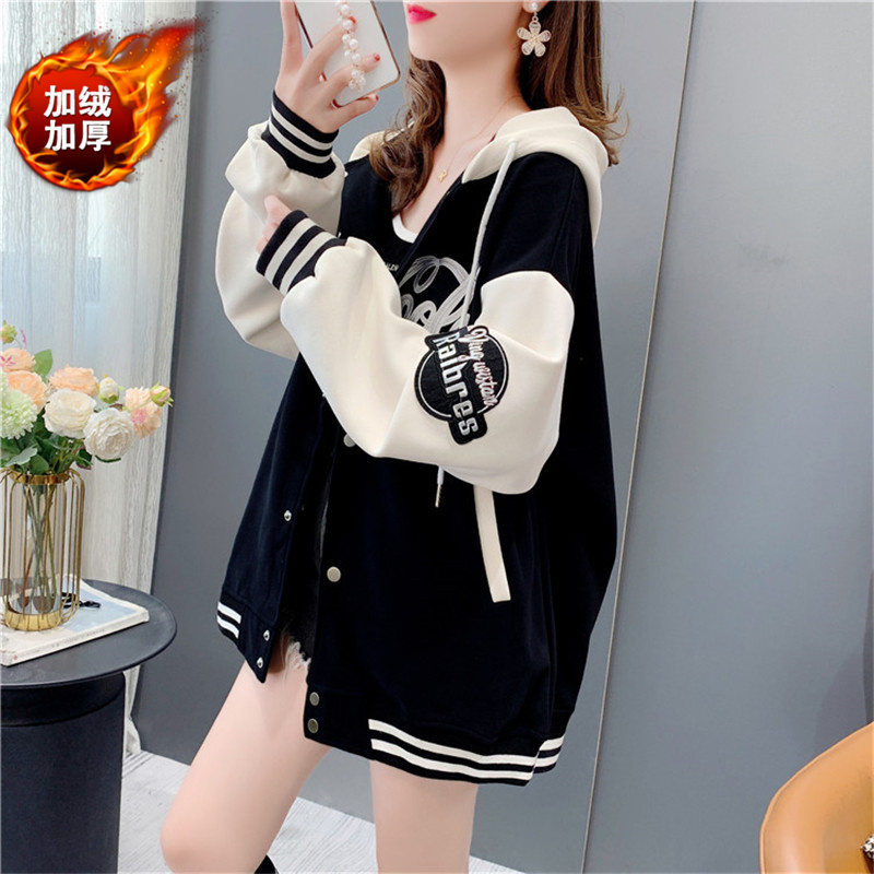 秋冬新款韩版学生加绒加厚连帽刺绣棒球服开衫上衣卫衣外套潮春秋