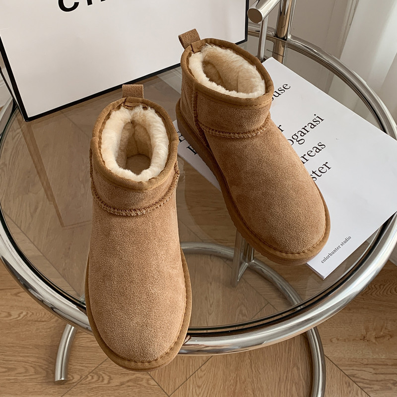 冬雨mini真牛皮雪地靴男女情侣款防滑保暖短筒加绒加厚棉鞋