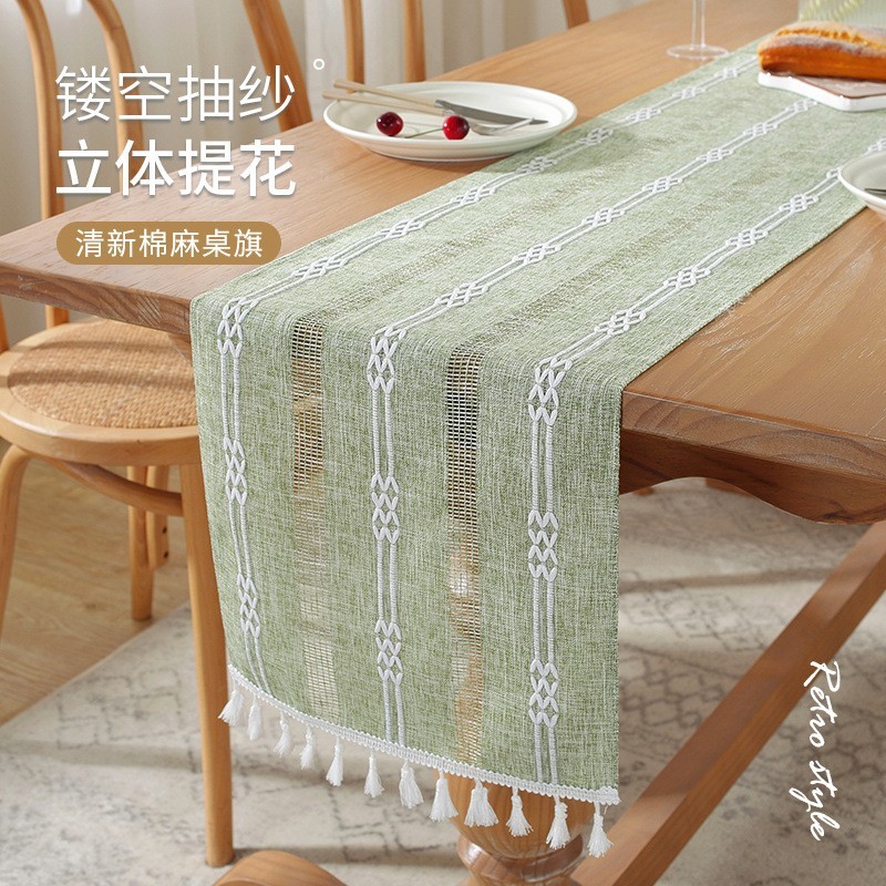 棉麻镂空编织桌旗简约 茶几长条布电视柜盖巾餐桌布茶桌茶席盖布