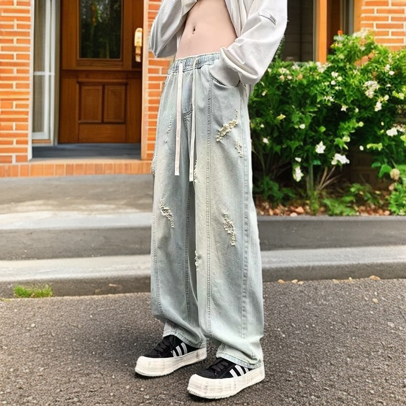 牛仔裤男款爆款破洞宽松百搭直筒休闲系绳美式宽松阔腿裤男裤子