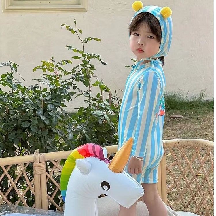夏季儿童长袖防晒泳衣ins条纹连体泳装男女宝宝海边游泳速干衣潮