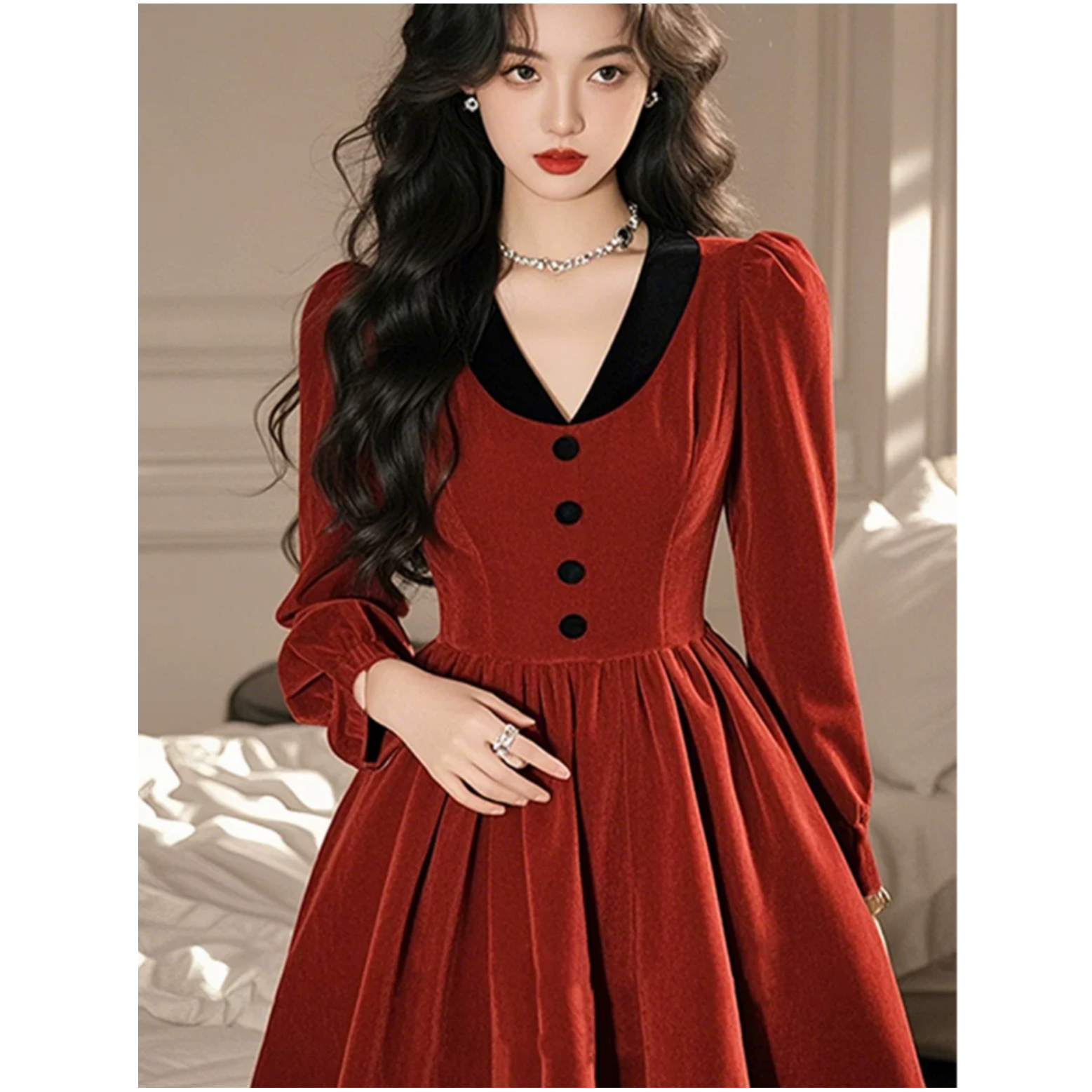 【AJO】裙子新款女秋冬季红色丝绒名媛气质高级感miu系千金显瘦裙