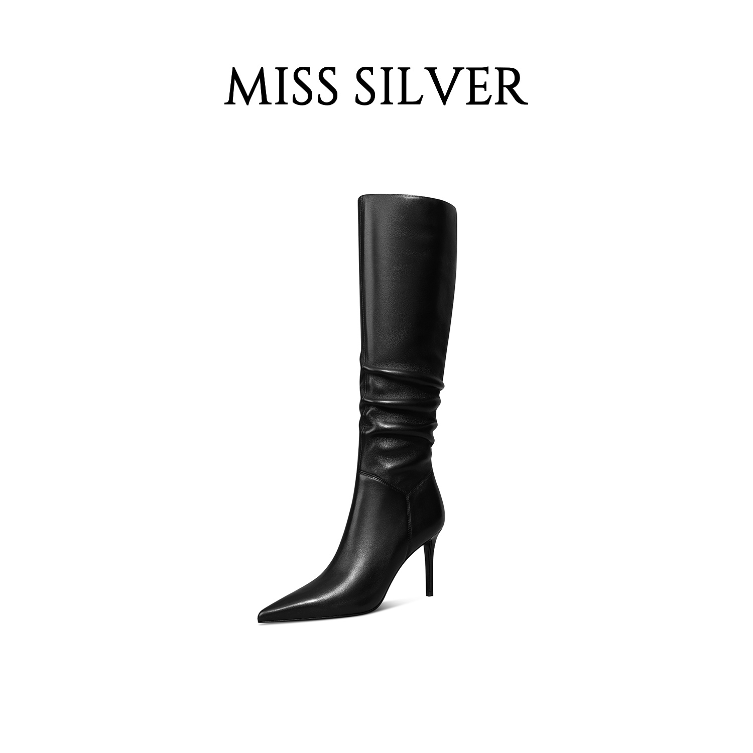MISSSILVER不过膝黑色长靴女冬季新款尖头细跟时尚百搭皱皱长筒靴