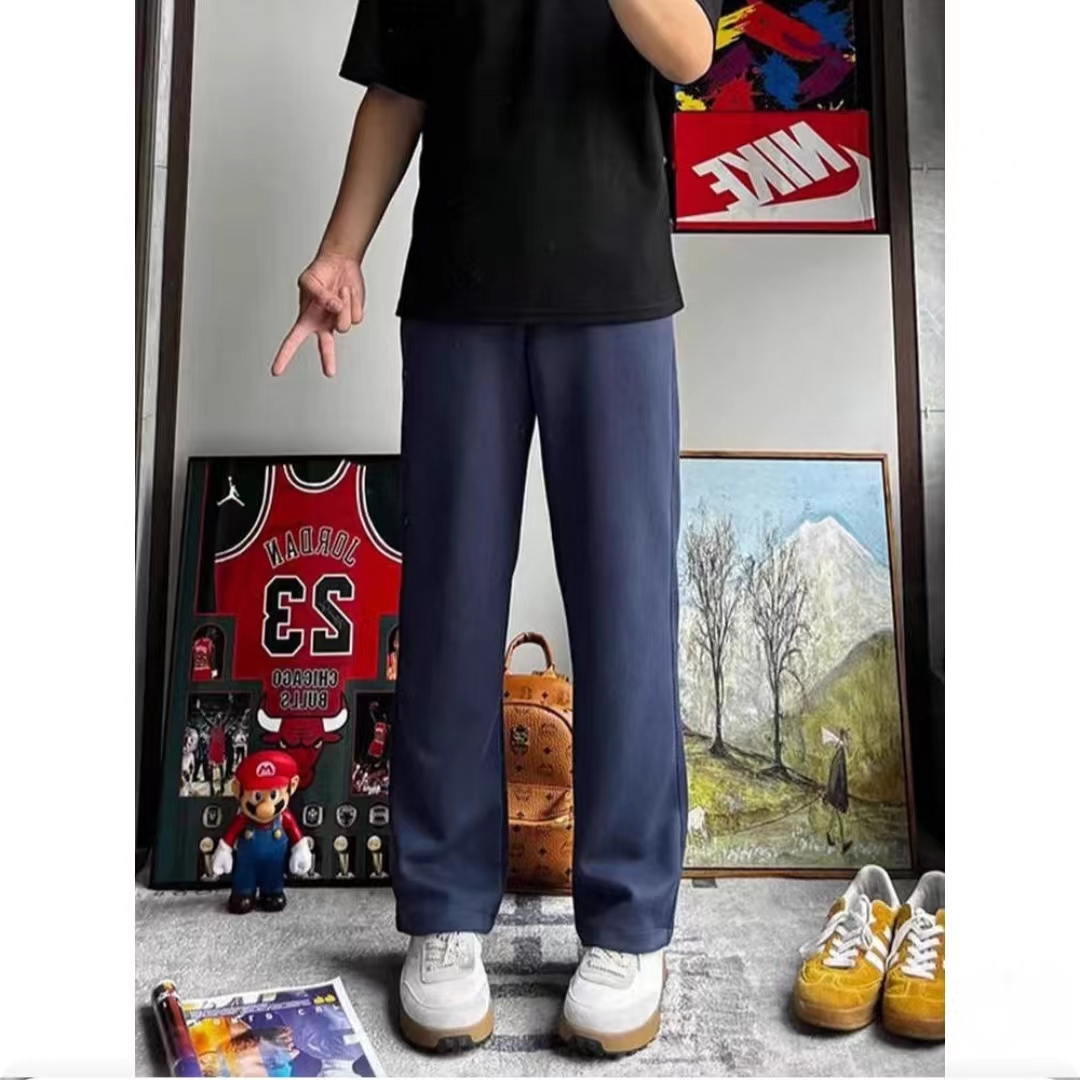 秋冬藏蓝色微喇叭休闲裤运动裤日系男生卫裤垂感宽松百搭长裤子