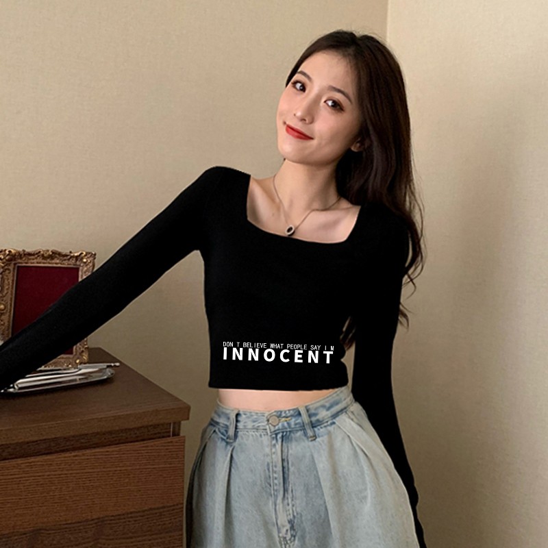 印花短款打底衫女黑色棉方领修身显瘦2024年长袖高腰露脐新款上衣