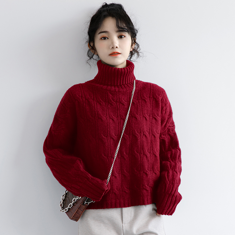 秋冬女装洋气外穿可内搭高领红色加厚慵懒风宽松套头针织衫上衣女