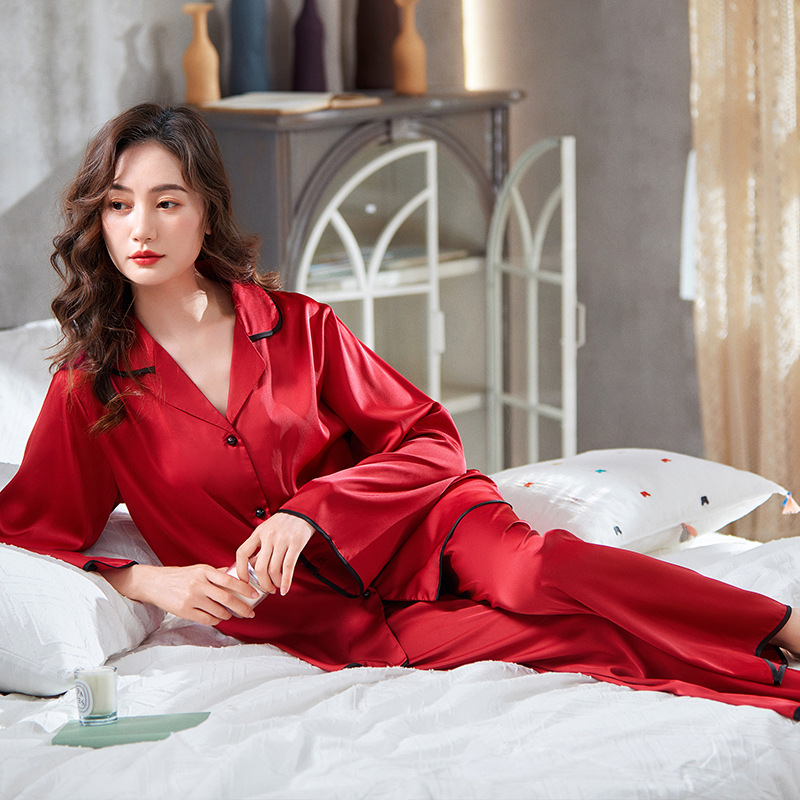 睡衣女夏性感冰丝薄款春秋长袖两件套装缎面网红女士家居服可外穿