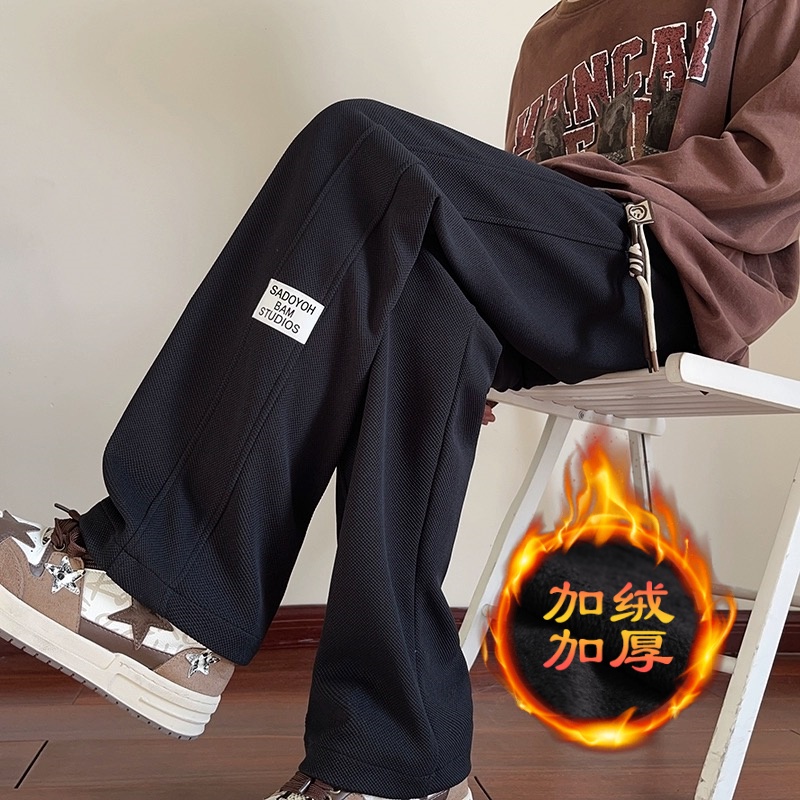 男款秋冬加绒卫裤2025新款运动休闲裤子美式加厚直筒宽松垂感长裤