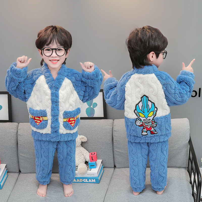 儿童睡衣男童秋冬季法兰绒套装加厚珊瑚绒小童男宝宝奥特曼家居服