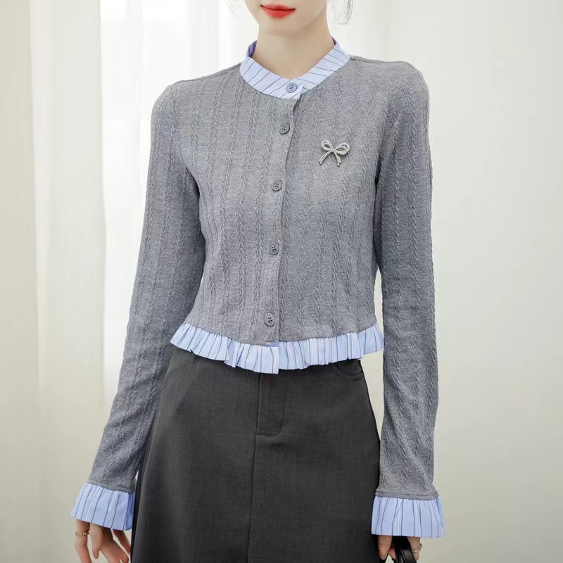 灰色荷叶边假两件针织衫百搭开衫秋冬季设计感慵懒风外套上衣女