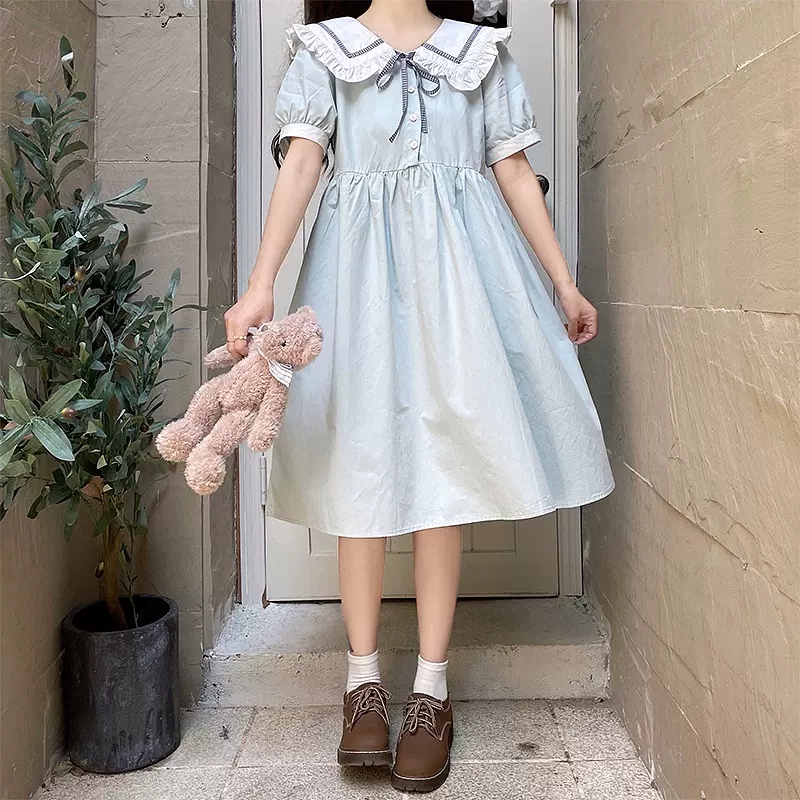 法式森系娃娃领连衣裙少女夏装2023新款初中高中学生日系甜美裙子