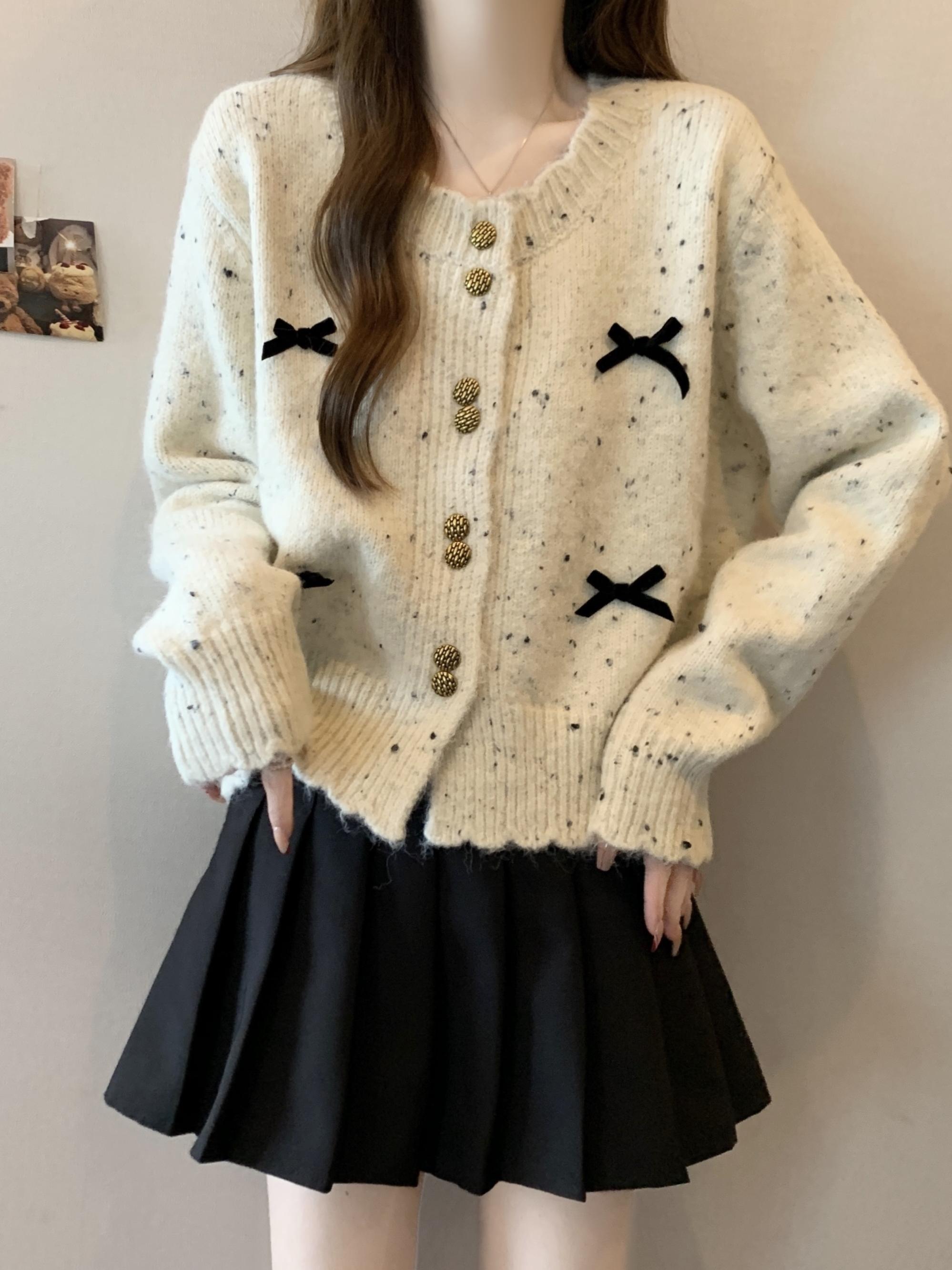 韩系chic彩点针织开衫女2025秋冬新款大码胖mm短款蝴蝶结毛衣外套