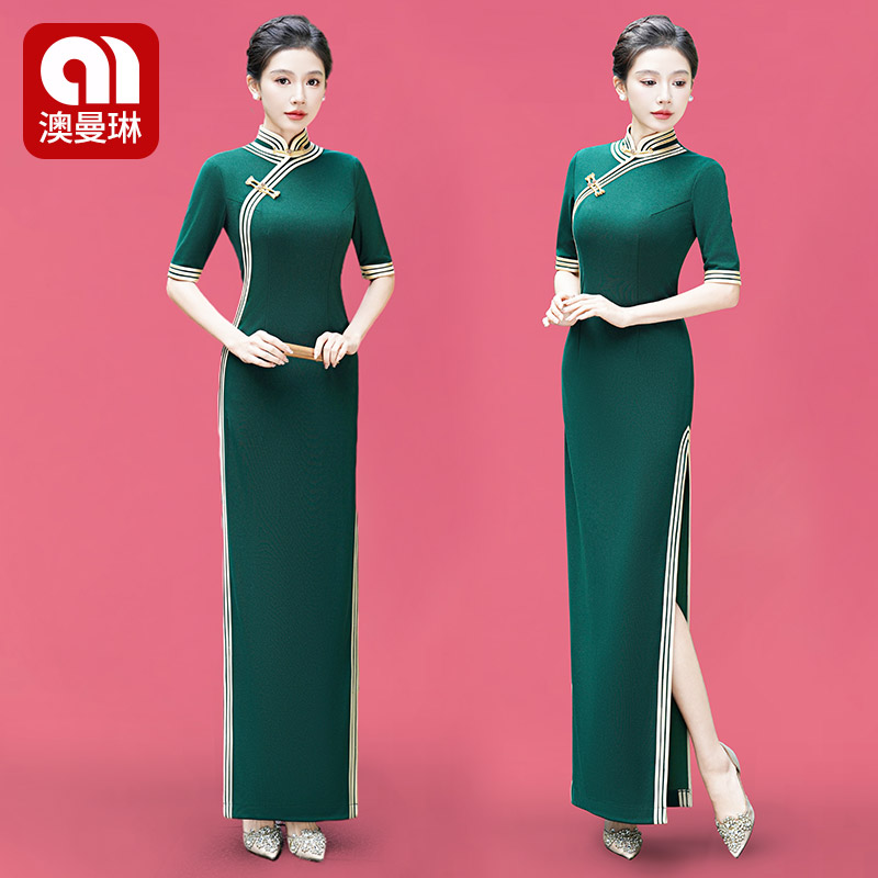澳曼琳走秀改良旗袍新款复古中国风修身优雅妈妈舞台演出服连衣裙