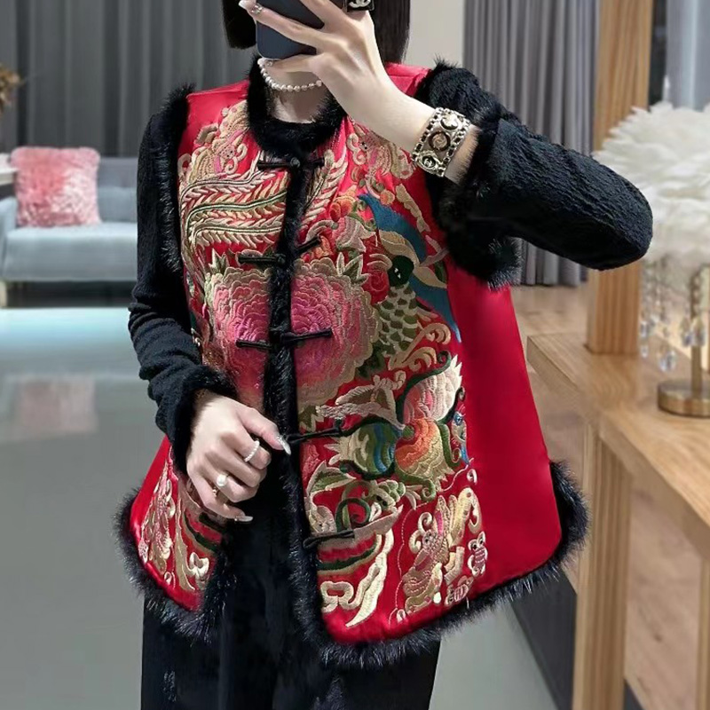 盘扣重工刺绣加棉马甲复古妈妈装时尚气质中国风国风中式国风马甲