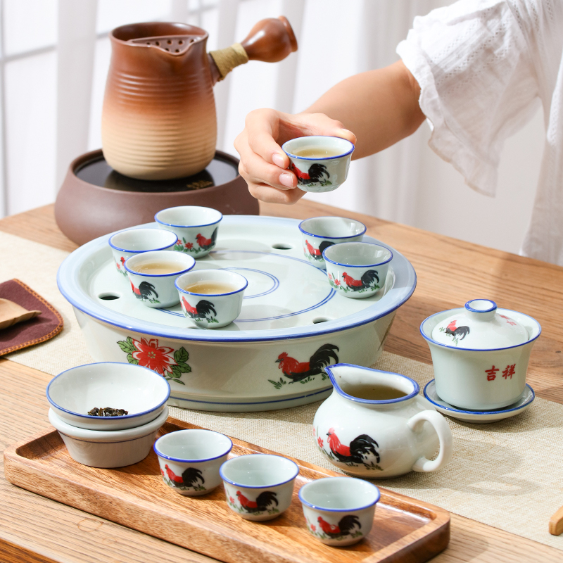 复古公鸡潮汕功夫茶具套装青花瓷釉下彩陶瓷茶杯家用冲泡茶壶全套