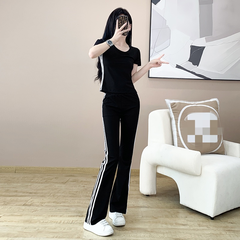 时尚休闲女装黑色短袖T恤夏季新款运动服修身高腰微喇叭裤两件套