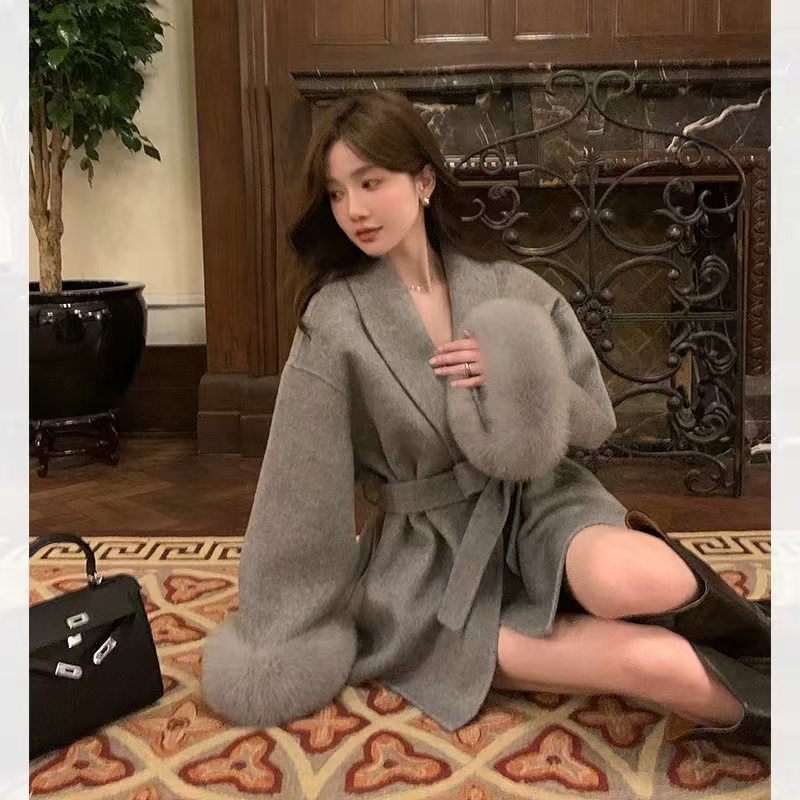 秋冬高端双面羊毛大衣女短款小个子可拆狐狸毛黑色气质绵羊毛外套