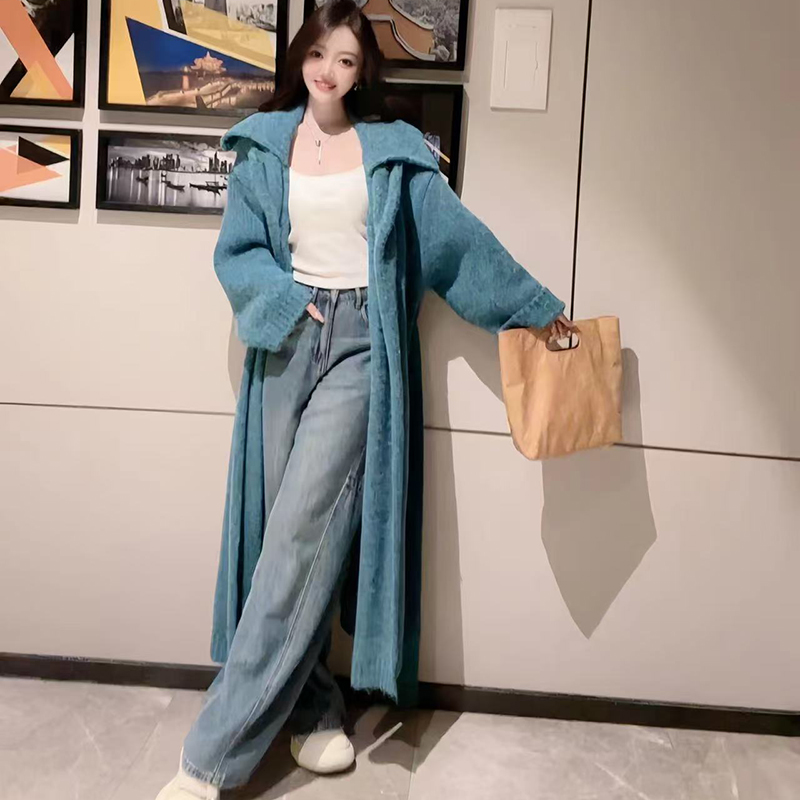 翻领韩版毛衣针织开衫外套女洋气秋冬加厚长款气质百搭针织开衫