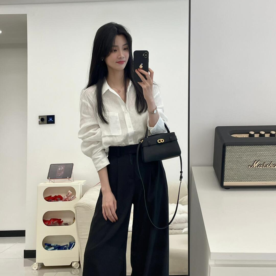 【寻茶归】时尚休闲气质白色韩版复古衬衫上衣黑色西装阔腿裤两件套