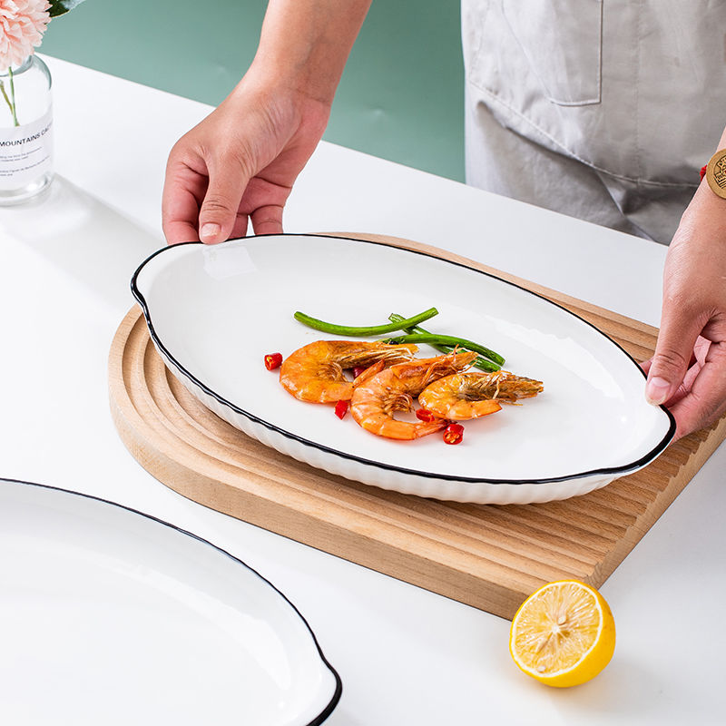 孟垣欧式家用网红陶瓷釉下彩大号1个装12英寸竖纹双耳鱼盘