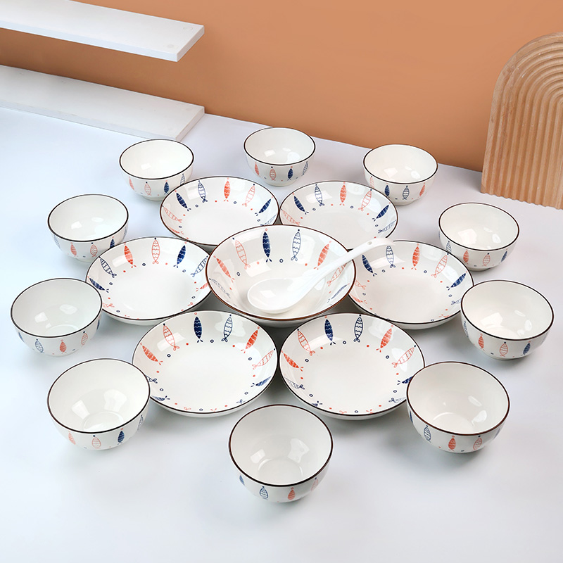 【孟垣】小鱼18件套可爱卡通陶瓷大号釉下彩家用简约米饭碗餐具套装