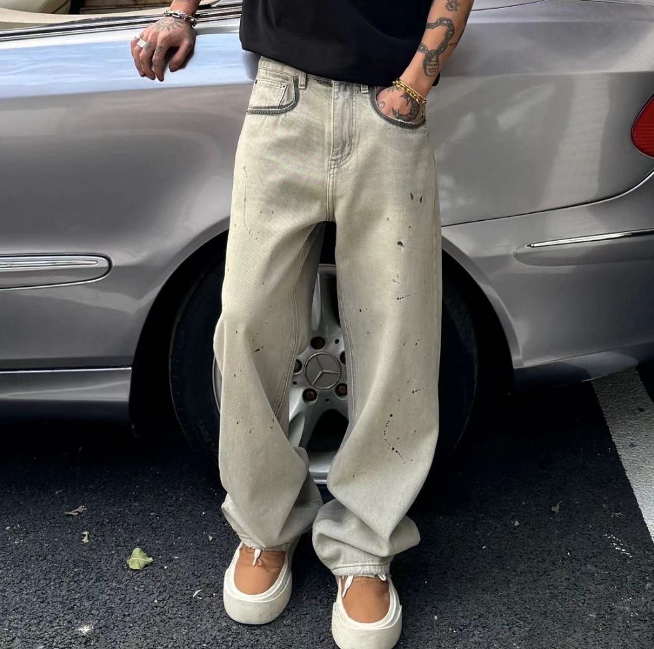 GXXSTUDIO冬季新品美式烟灰泼漆直筒休闲裤高街潮流牛仔裤男生