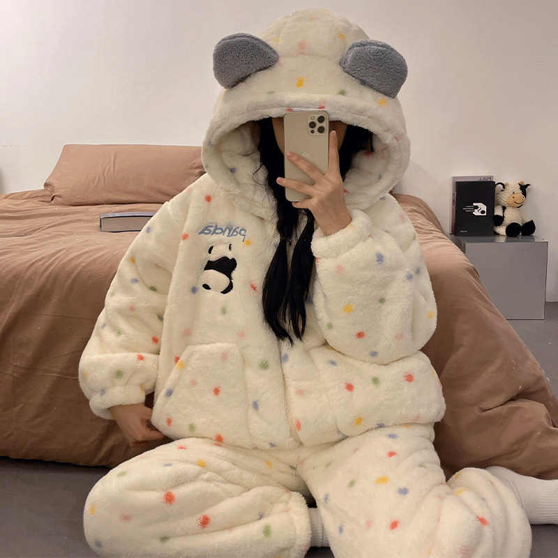 睡衣女秋冬季珊瑚绒加绒加厚保暖拉链可爱2024新款冬天家居服套装