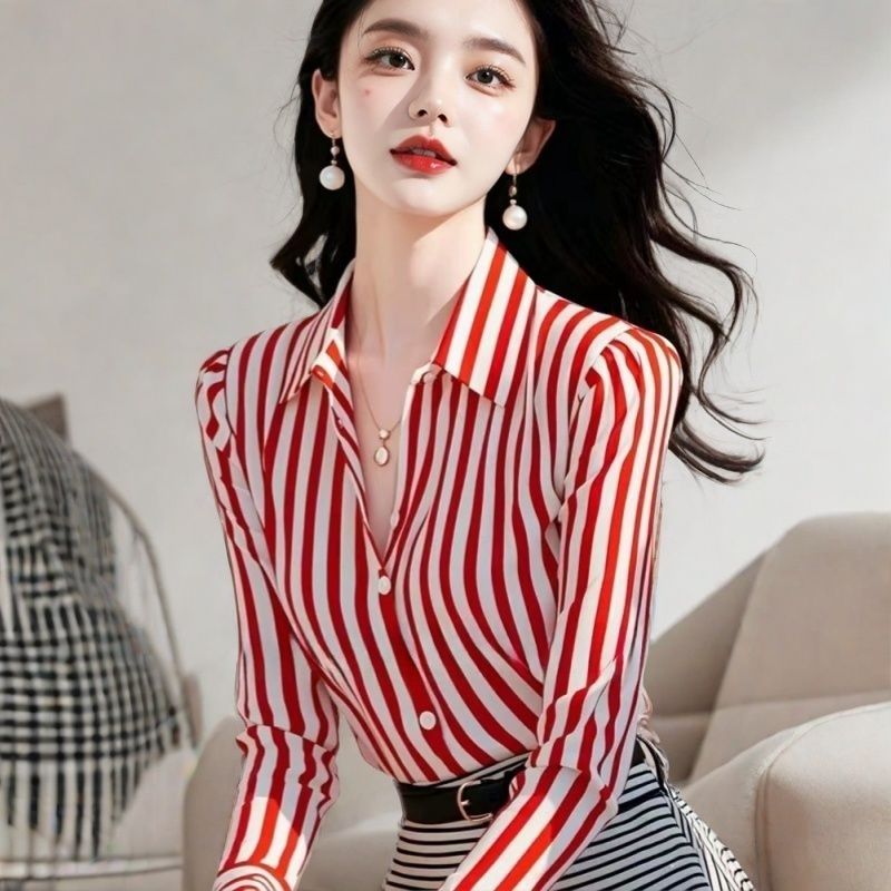 法式高级感小香风红色条纹长袖衬衫女装独特漂亮气质上衣早秋新款