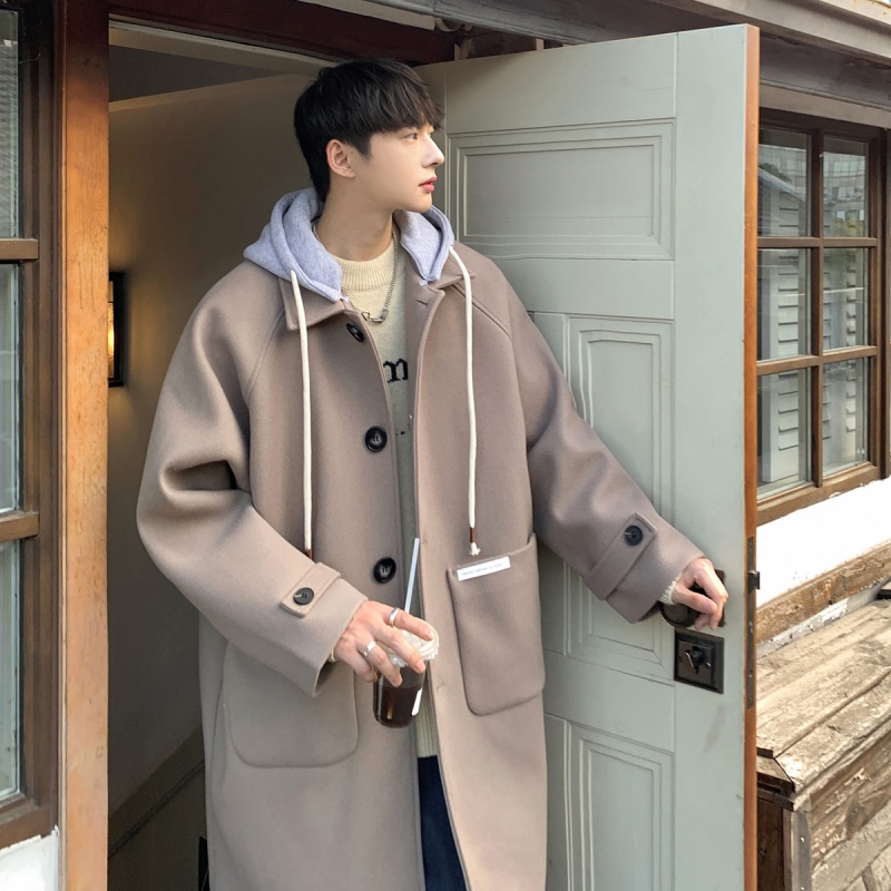 毛呢大衣男秋冬季韩版潮流痞帅呢子外套青少年中长款加厚连帽风衣