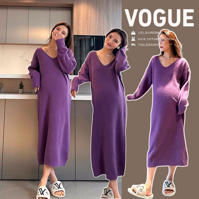 孕妇装秋冬新款法式紫色V领软糯毛衣连衣裙针织内搭宽松过膝长裙