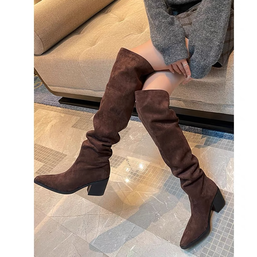 腿精～棕色显瘦粗跟高跟过膝长靴高筒堆堆靴