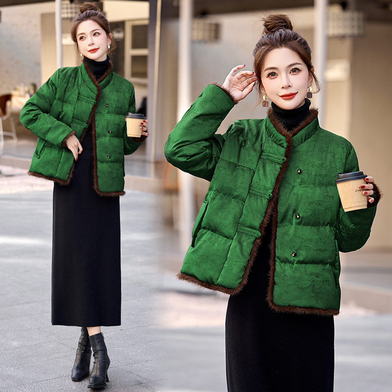 新中式刺绣短款羽绒服2024冬新款白鸭绒小个子水貂毛拼接气质外套