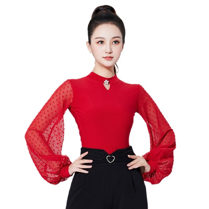 交谊舞灯笼袖舞蹈服女士护脖小高领国标舞连体衣长袖华尔兹上衣