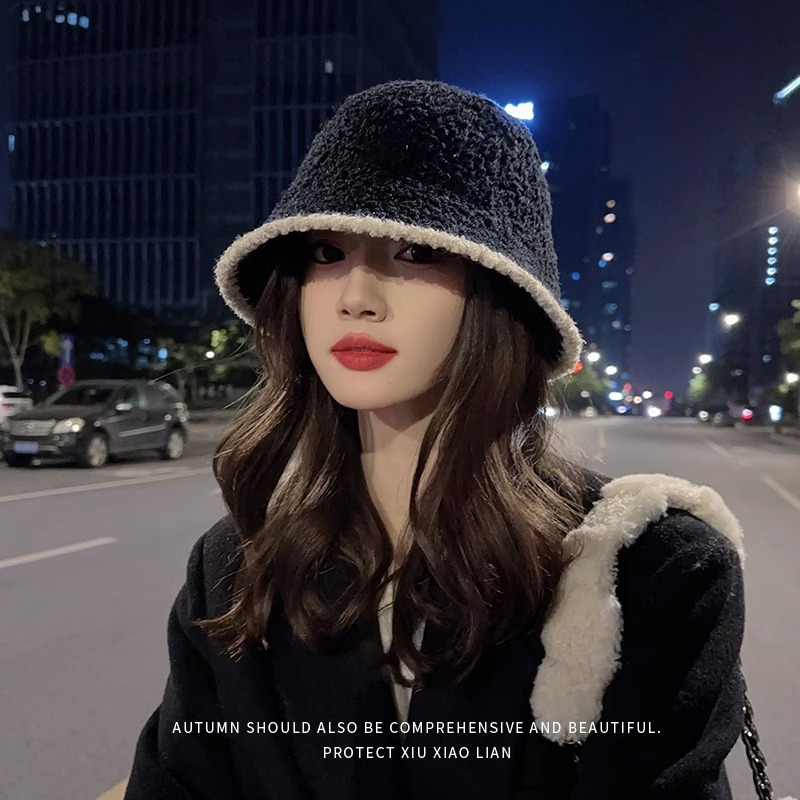 帽子女毛绒渔夫帽2025新款秋冬百搭显脸小盆帽冬季素颜针织水桶帽