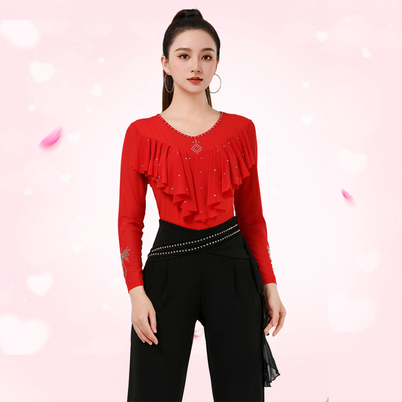 新款重工烫钻荷叶边摩登上衣女拉丁吉特巴广场交谊演出跳舞衣服