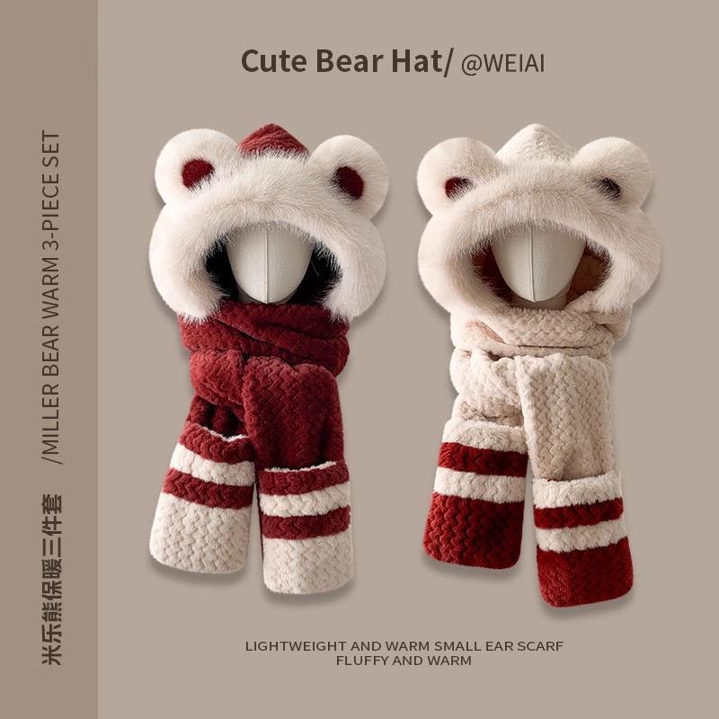 可爱小熊耳朵帽子连帽围巾手套一体女秋冬加厚毛绒护耳冬季骑车帽