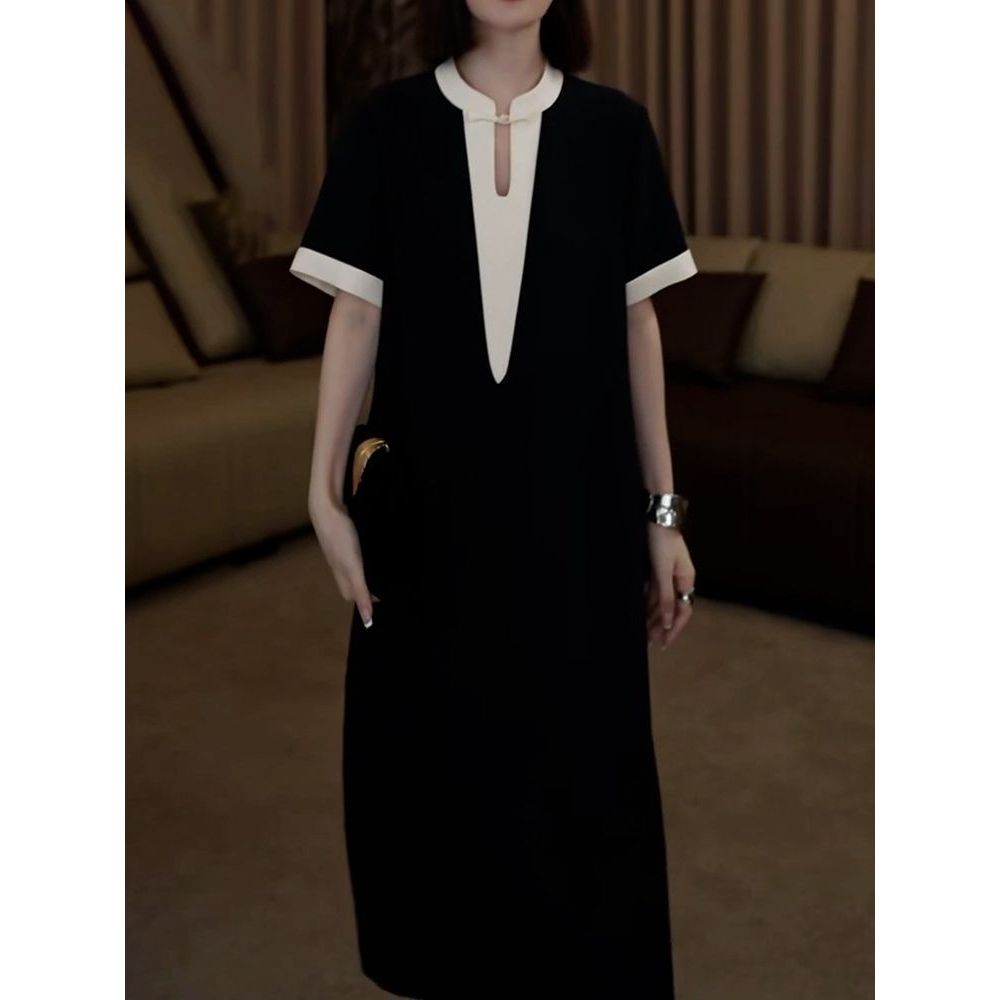 韩系名媛风撞色拼接短袖连衣裙女2025夏季新款时尚洋气遮肉小黑裙