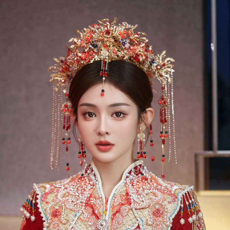 合金婚庆饰品 中式凤冠前后冠眉心坠长流苏凤凰古装秀禾头饰82311