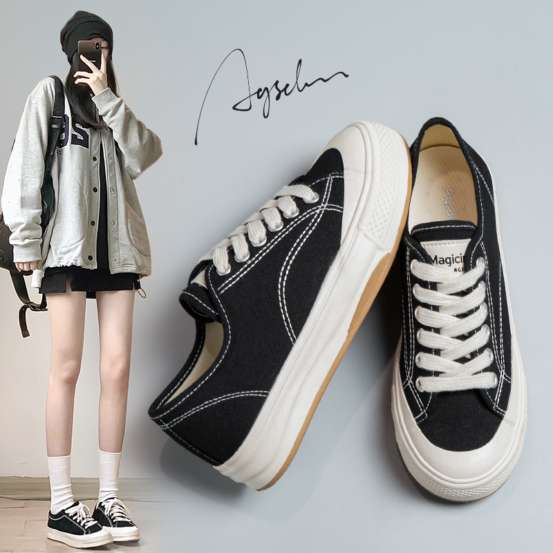 奥古狮登黑色厚底帆布鞋女2025新款春秋超火小众爆款百搭休闲板鞋