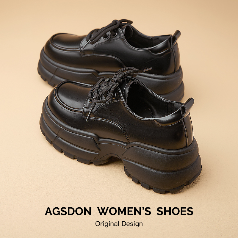 奥古狮登厚底乐福鞋女2026新款春季黑色英伦风小皮鞋系带粗跟单鞋