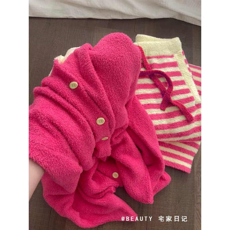 加厚针织衫长裤家居服套装秋冬季2024年ins风条纹半边绒睡衣女款