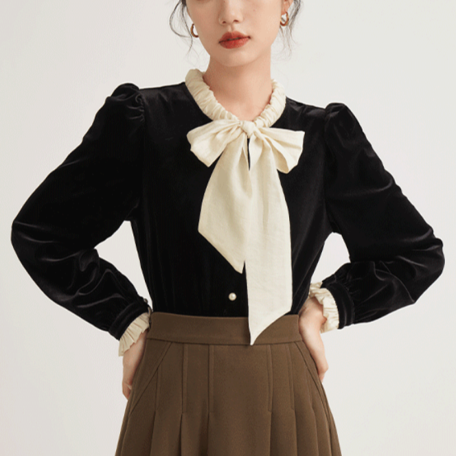 小香风黑色显瘦丝绒打底衫2025秋新款贵气复古上衣显瘦百搭打底衫