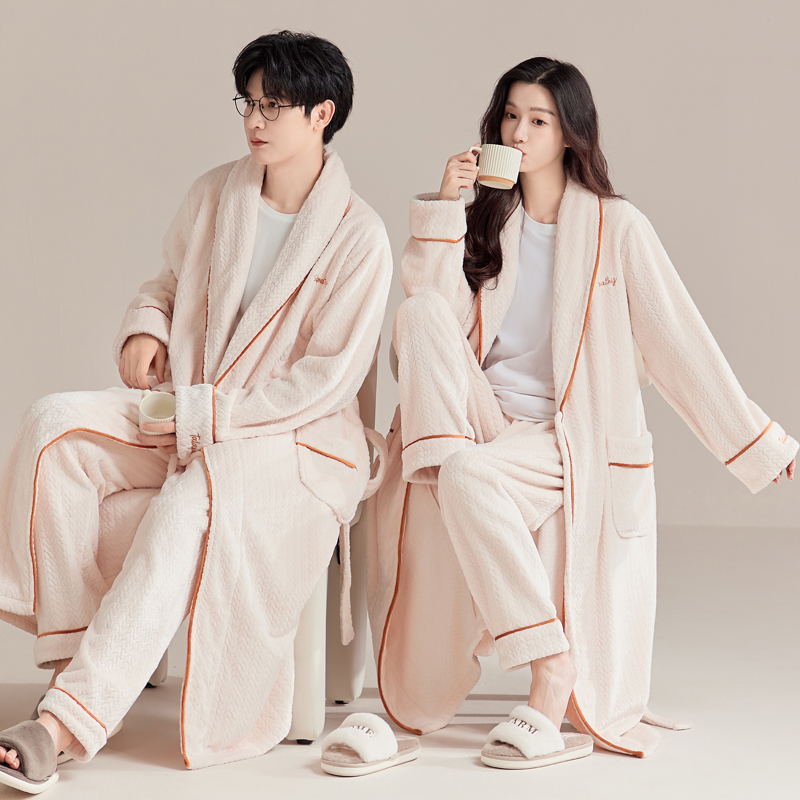 睡衣男士冬季加绒加厚法兰绒情侣浴袍女珊瑚绒长款睡袍家居服套装