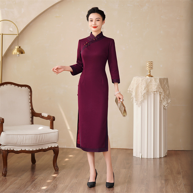 629高档羊毛旗袍2025新款秋冬中国风喜婆婆妈妈装连衣裙长款