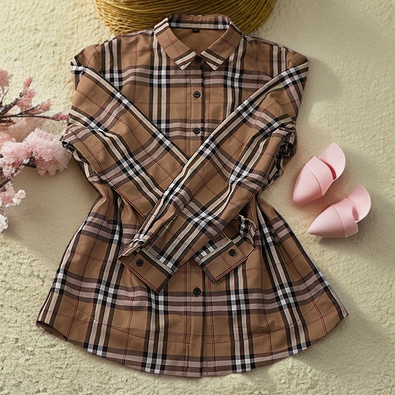 格加绒拼接格子通勤格纹时尚衬衣翻领长袖女款清冷系禅意衣服女