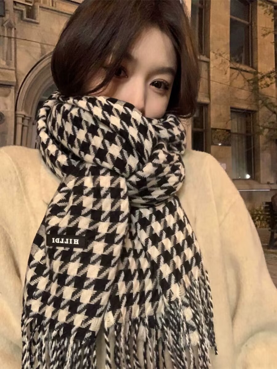 2025新款冬季保暖情侣针织格子围脖韩版百搭流苏撞色千鸟格围巾女